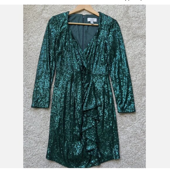 Badgley Mischka Dresses & Skirts - Badgley Mischka Womens Size 10 Sequin Wrap Sexy Emerald Green Short Mini Dress